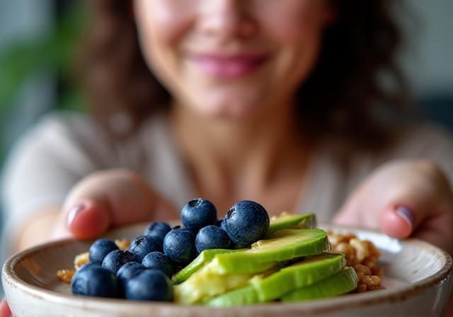 A woman with glowing skin holding a bowl of blueberries and avocados